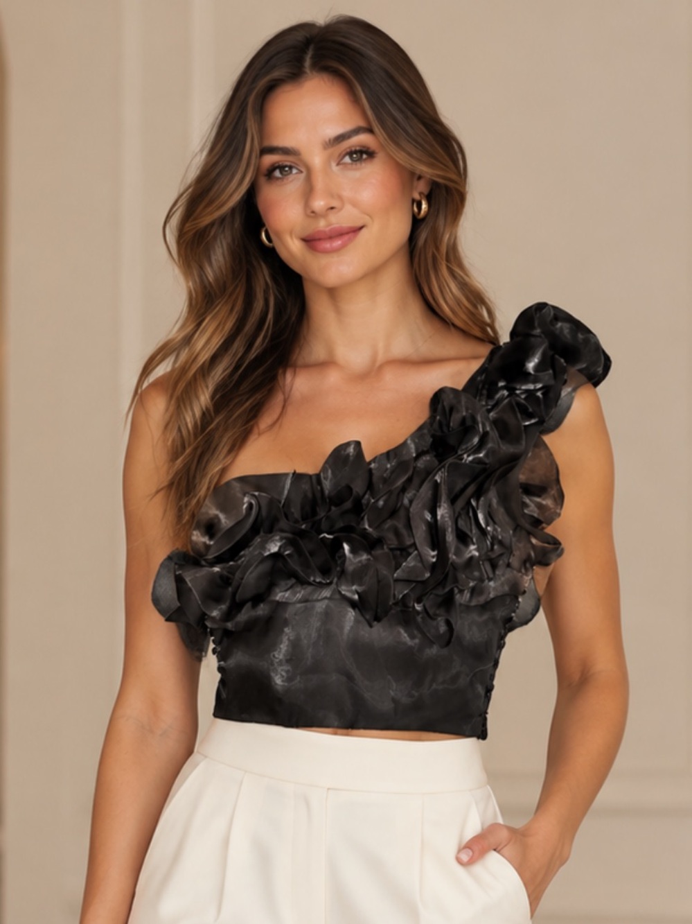 By together One-Shoulder Ruffle Satin Crop Top - Black